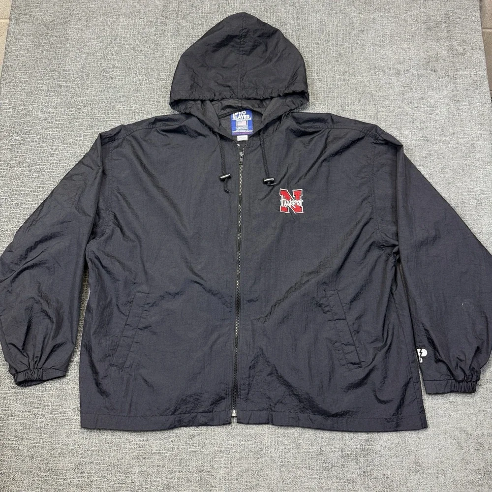 Vtg Nebraska Huskers Pro Player Windbreaker Jacket Men's XXL Black Full Zip Hood